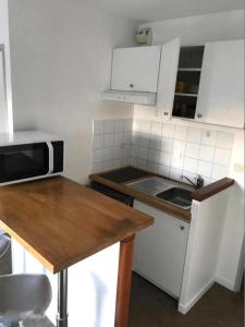 a small kitchen with a sink and a microwave at Appartement typique Gare Lille Flandre centre ville in Lille