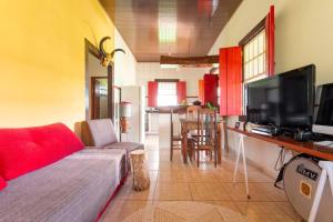 a living room with a couch and a television and a kitchen at Casa Ypê in Pirenópolis