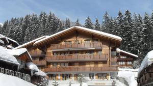 ein großes Gebäude im Schnee mit Bäumen in der Unterkunft Apartment Brunnen - GRIWA RENT AG in Grindelwald