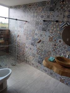 a bathroom with a shower with a sink and a toilet at Parcela Monte Alto Galería in Los Santos