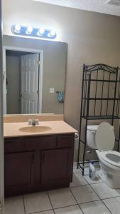 a bathroom with a sink and a toilet and a mirror at 3BR Family Home Near NAS Pensacola in Pensacola +17 photos