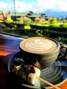 una tazza di caffè seduta su un piatto con un biscotto di Grandpas Hotel & Restaurante a Cartago