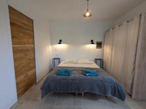 a bedroom with a bed with blue pillows on it at Studio moderne avec WiFi et parking à Baignes - FR-1-653-270 in Baignes-Sainte-Radegonde