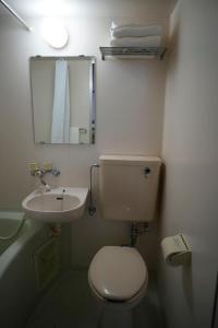 Un baño con inodoro, lavabo y espejo. en Dear Hostel Hakuba, en Hakuba
