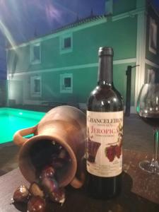 a bottle of wine and a hand holding a glass at Casa do Castelo in Gafanha da Nazaré