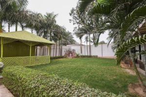 a yard with palm trees and a white fence at VITS Select Bharuch in Bharūch