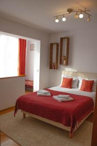 a bedroom with a large bed with red sheets at Apartament Aleea Minerva in Braşov +36 photos