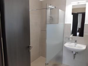 a bathroom with a sink and a glass shower door at KVINT Vendégház in Zalaegerszeg