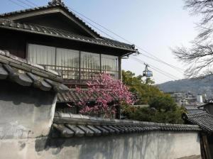 a building with a balcony and a tree with pink flowers at i Authentic Trad Villa in Onomichi