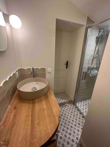 a bathroom with a sink and a shower at Charmante maison de ville à 10' du centre de Lyon in Sainte-Foy-lès-Lyon