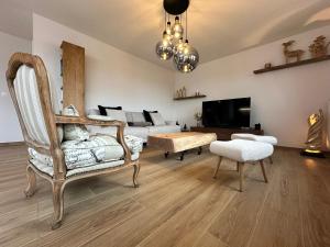 a living room with a couch and a tv at Le Havre de Paix - Proche Obernai - Gite 4 étoiles - Terrasse & Parking privés in Meistratzheim