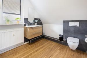 a bathroom with a toilet and a sink at Ferienhaus Brockenoase Apartment Bergzauber in Benneckenstein