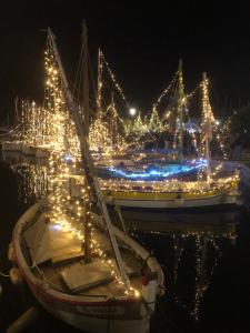 ein Boot mit Weihnachtslichtern in einem Hafen in der Unterkunft Chez Sylvie in Six-Fours-les-Plages