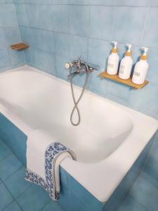 a bath tub with a shower head and three bottles of soap at CasaMamma in Drama