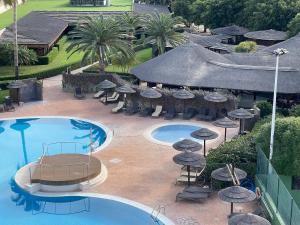 an overhead view of a pool with tables and umbrellas at AGH Canet in Canet de Berenguer