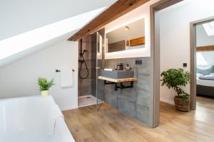 a bathroom with a sink and a mirror at Lieblingsquartier komplett in Sankt Andreasberg +103 photos