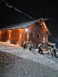 a log cabin in the snow at night at Šumska vila Gašić in Kopaonik