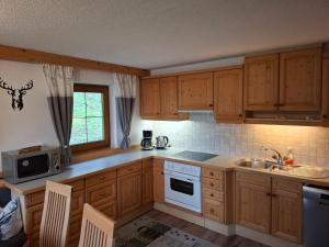 a kitchen with wooden cabinets and a sink at Bauernhaus Fankhauser in Hippach