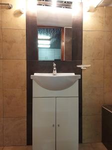 a bathroom with a white sink and a mirror at Maria's Home in Kakovatos +10 photos