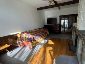 a living room with a couch and a tv at Amigo guest house in Hakuba