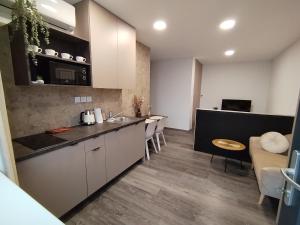 a kitchen with a counter top and a living room at Štúdiový apartmán pri parku in Solčany