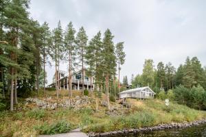 a house on a hill with trees and a river at Villa Lago - High Quality Villa for up to 20 guests in Tahkovuori