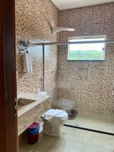 a bathroom with a toilet and a sink and a shower at Pousada das Arvores in Lençóis