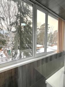 a window in a room with snow on the ground at Уютная однокомнатная квартира в посёлке Щучинский in Uchitelʼ