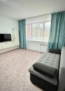 a living room with a couch and a flat screen tv at Уютная однокомнатная квартира в посёлке Щучинский in Uchitelʼ