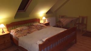 Un dormitorio con una cama y dos mesas y dos lámparas. en Noclegi u Ireny, en Duszniki-Zdrój