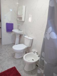 a bathroom with a toilet and a sink at Departamentos Los dos Pinos in San José