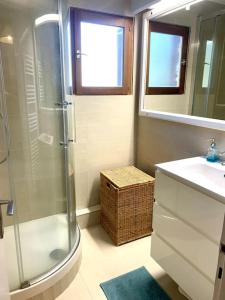 a bathroom with a shower and a sink at Appartement au pied des pistes et du telemix in Les Deux Alpes