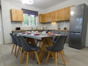 a kitchen with a table with chairs and a refrigerator at MG Villa Kineta in Kineta