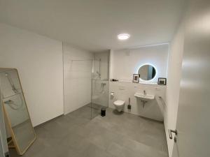 a bathroom with a toilet and a sink and a mirror at Sanierter Altbau mit Tischkicker in Marktbreit