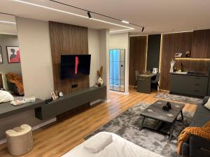 a living room with a couch and a tv at Aparte - Tophane in Pristina