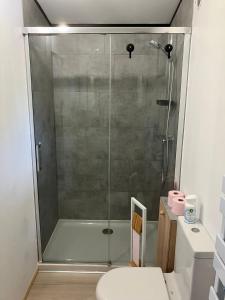a shower with a glass door in a bathroom at Charmante chambre indépendante, terrasse et entrée privative in Gujan-Mestras