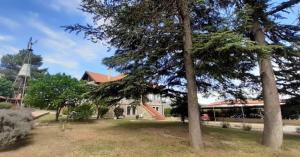 a church with a tower and a church with trees at Posada Spa Anabela in Huerta Grande
