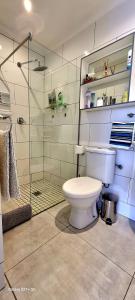 a bathroom with a toilet and a glass shower at Studio on Albert, Hout Bay in Hout Bay +28 photos