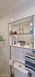 a bathroom with a toilet and shelves on the wall at Studio on Albert, Hout Bay in Hout Bay