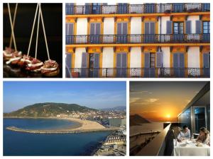 eine Sammlung von Fotos mit einem Gebäude und einem Strand in der Unterkunft Sereno refugio en barrio residencial in Añorga-Lugariz