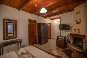 salon z kominkiem i telewizorem w obiekcie Guesthouse Moucha w mieście Moúcha