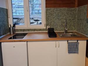een keuken met witte kasten en een spoelbak bij Estudio pequeño in Madrid +2 foto's