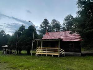a small wooden house with a red roof at Cómoda Cabaña de Descanso Parque La Pirámide in Las Adjuntas +5 photos