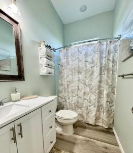 Un baño con inodoro y cortina de ducha. en Cozy Bay Cottage with King Master Suite, Fire Pit and Pool, en Palm Harbor 25 fotos más