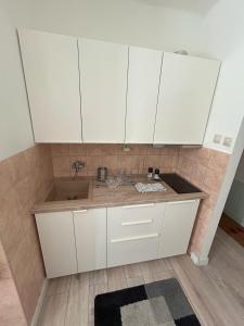a kitchen with white cabinets and a sink at Apartment Česká 23 in Koliba