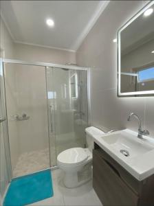 a bathroom with a shower and a toilet and a sink at Casa Daan, 5 minutes from the beach in Noord