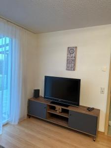 a living room with a flat screen tv on a table at Schöne Ferienwohnung Bodenseeregion in Singen