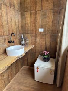 a bathroom with a sink and a white refrigerator at Chacrinha pousada e restaurante in Caldas