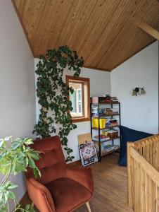 a living room with a chair and a plant at Auberge Carcajou in Saint-David-de-Falardeau