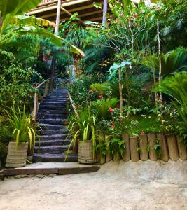 a set of stairs in a garden with plants at Bangalô Maria Vista Mar, Luxo em Trancoso in Porto Seguro